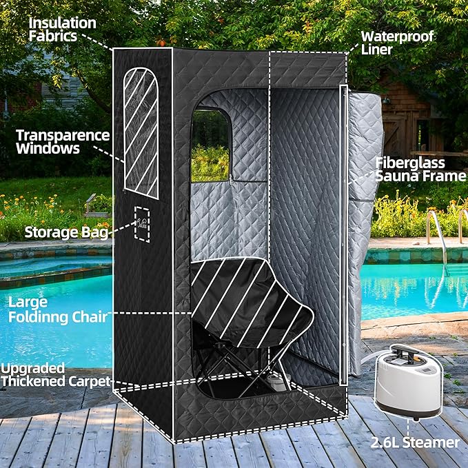 Portable Sauna for Home, Sauna Box with 2.6L Steamer, Personal Sauna with Big Sauna Chair, Remote Control, Oxford Fabric, 2.6’ x 2.6’ x 5.9’, Black, 1000W