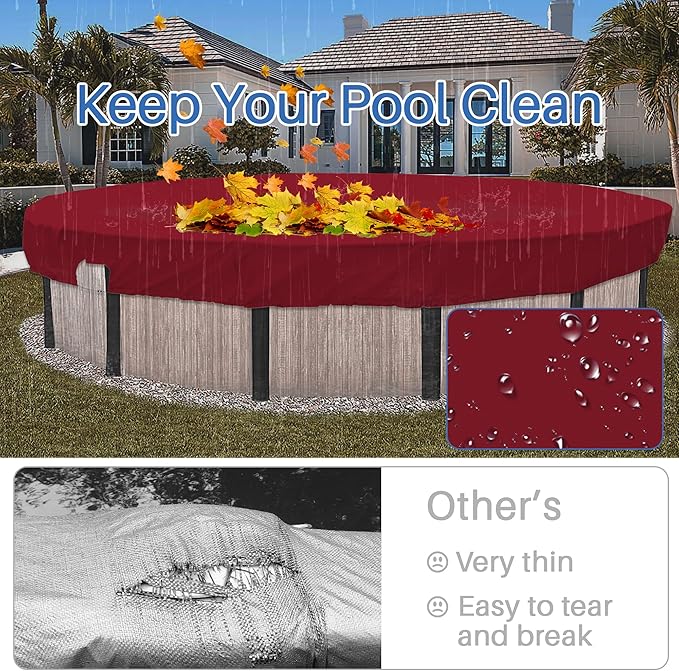 ECOOPTS 9 ft Waterproof Round Polyester Pool Cover for Above Ground Pools, Swimming Pool Cover Protector Winter Safety Cover (Red)