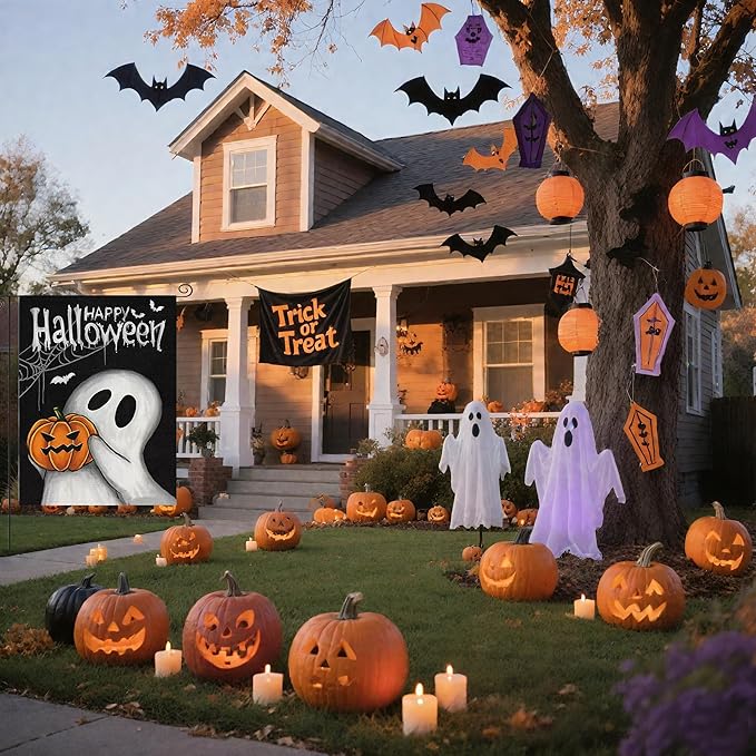 Garden Flags Set of 2 Incl. Fall Pumpkin Welcome Flag & Happy Halloween Garden Flag, Autumn Thanksgiving Holiday Harvest Burlap Yard Flag, Ghost Bats Decorations Outdoor, Double Sided 12x18 Inch