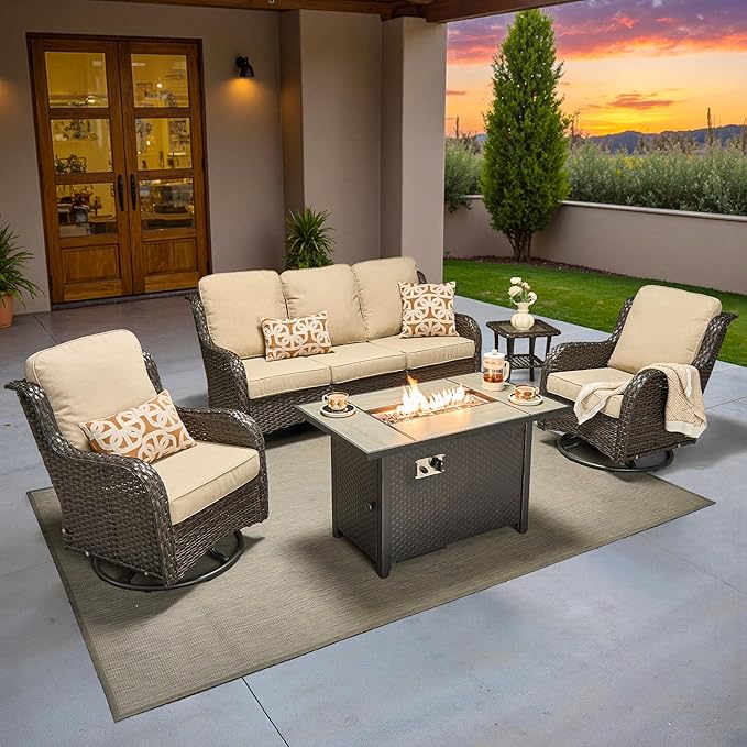 ovios 5 Pieces Patio Furniture Set, Outdoor Wicker Sofa Couch with Swivel Chairs 42" Fire Pit Table, High Back All Weather Modern Conversation Sets, Brown Rattan, Beige