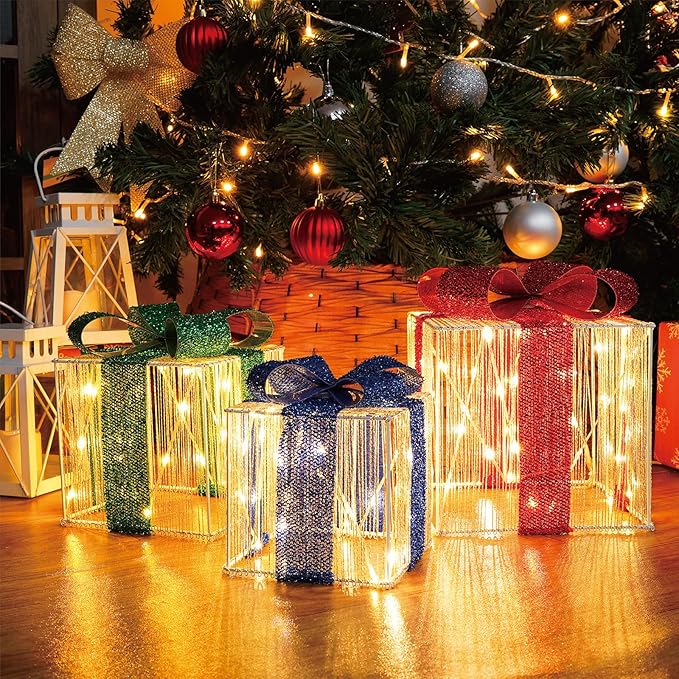 Set of 3 Christmas Lighted Gift Boxes, 140 LED Light Up Present Boxes for Christmas Decorations Indoor Outdoor Yard Xmas Tree Holiday Party Lawn Porch Home Decor (3 Colored Bow)