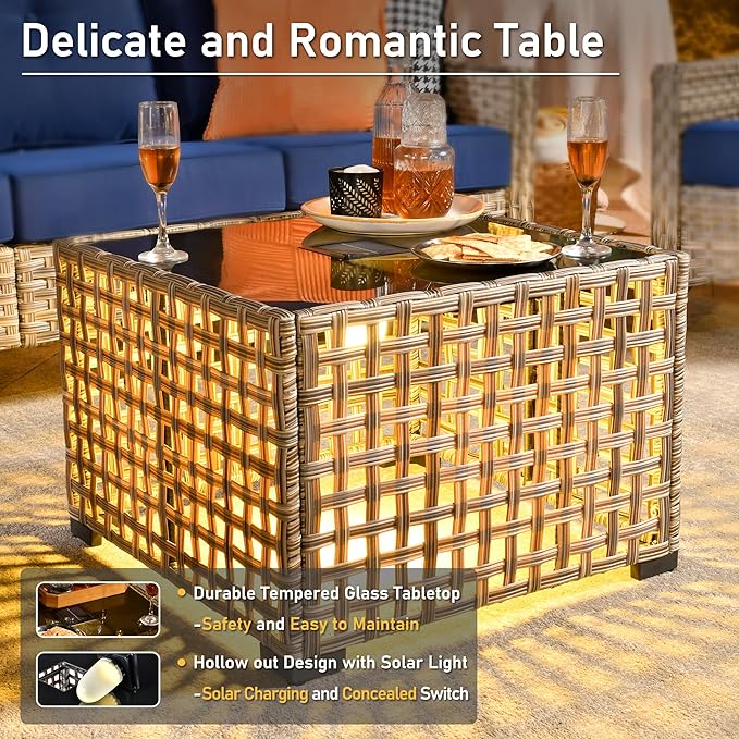 HOOOWOOO Outdoor Sectional Furniture Set with Fire Pit Table,9 Pieces Wicker Patio Conversation Sets,L Shape All Weather Outside Couch Sofa Set with Swivel Chairs Solar Table Ottoman,Charcoal Gray