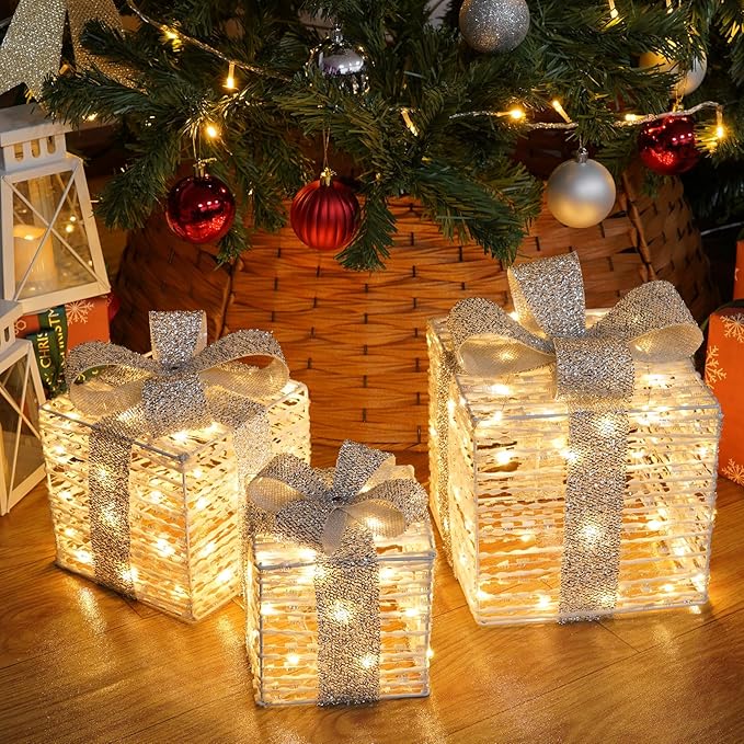 Set of 3 Christmas Lighted Gift Boxes, Plug-in 140 LED Light Up Present Boxes for Christmas Decorations Indoor Home Porch Wedding Holiday Birthday Party (Silver Bow)