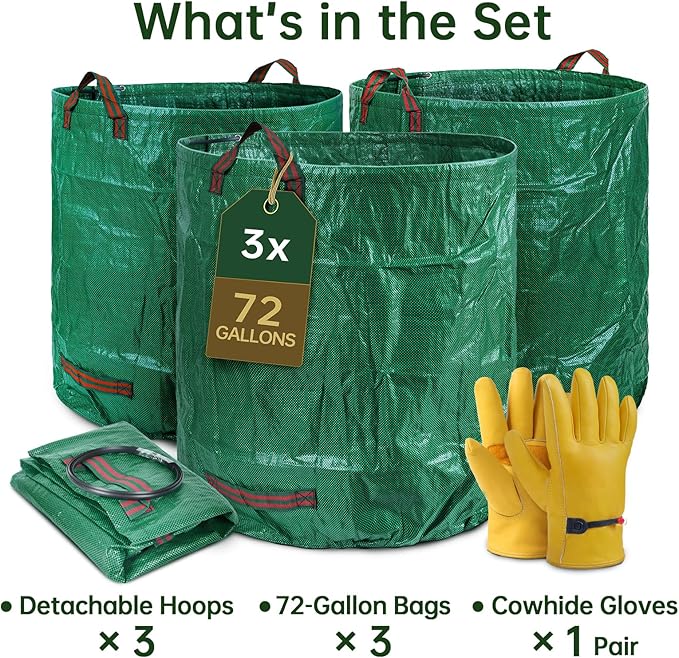 3-Pack 72 Gallon Self-Standing Yard Waste Bags with Cowhide Gloves — Heavy-Duty 150 GSM Woven PE, Double-Layer Reinforced Bottom, Four Handles, Reusable Leaf Bags for Lawn & Garden