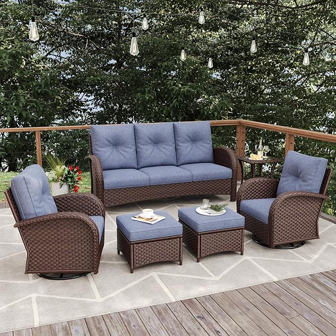 6 Pieces Patio Furniture Sets, Wicker Rattan High Back Outdoor Swivel Rocking Chairs Set with 3-Seat Couch, Ottomans and Side Table