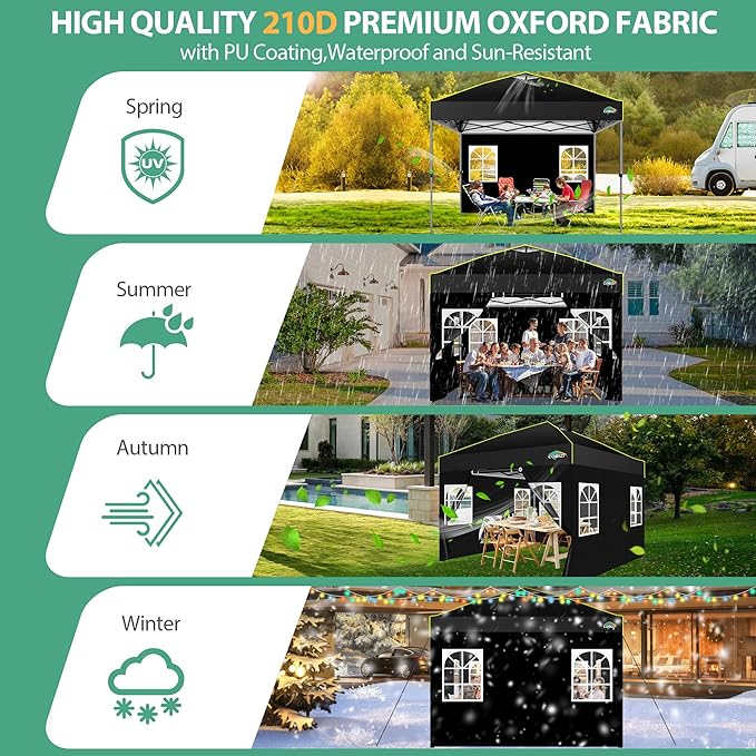 COBIZI 10x10 Pop up Canopy Tent with Sidewalls,One Person Setup, Waterproof,3 Adjustable Height,Outdoor Commercial Gazebo with Air Vent, Reflective Strip,4 Sandbags for Garden,Party, Beach,(Black)