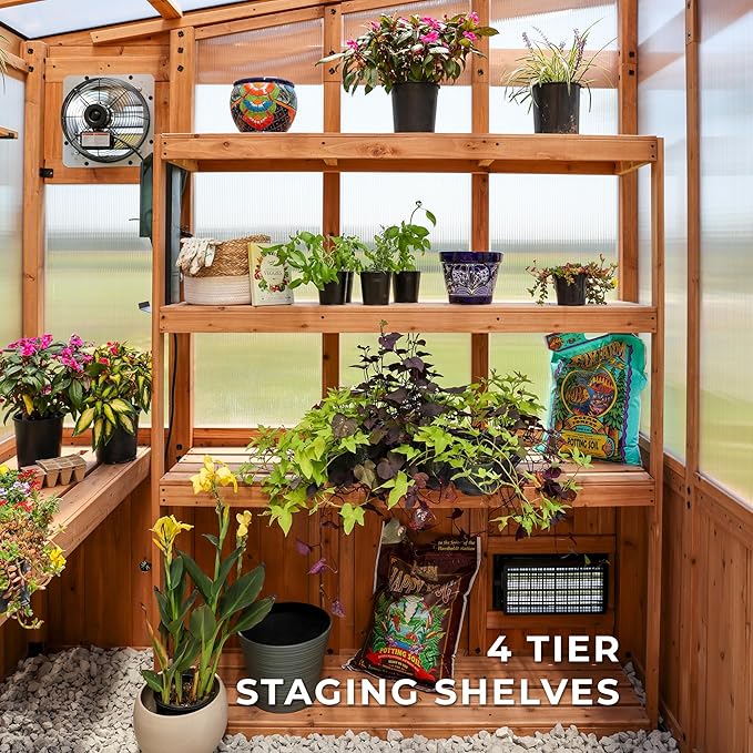 Backyard Discovery Poppy 11' x 7' Cedar Wood and Polycarbonate Walk-In Greenhouse Kit with Exhaust Fan, Windows, Hose Hook-Ups, PowerPort, Staging Shelves, Plant Hooks for Year-Round Outdoor Gardening