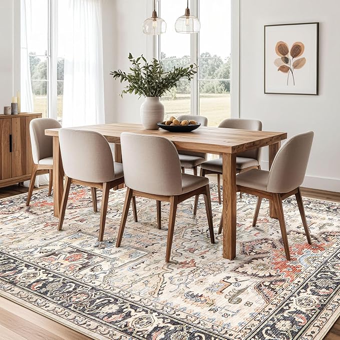 10x14 Area Rugs for Living Room - Large Carpet Ultra Thin Soft Washable Oriental Vintage Floral Distressed Rug Big Indoor Carpets for Bedroom Nursery Dorm Home Decor Aesthetic - Multi