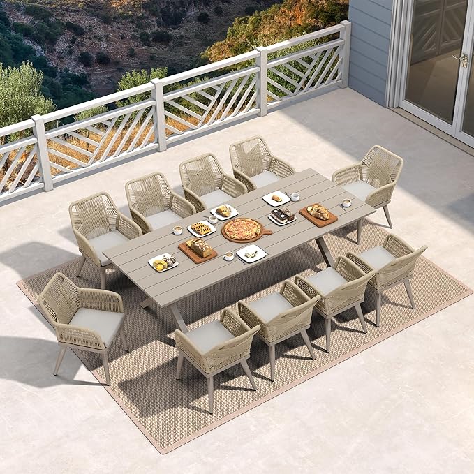 PURPLE LEAF 12' x 16' Outdoor Hardtop Gazebo with 11 Pieces Outdoor Dining Set, Champagne Aluminum Gazebo with Galvanized Steel Double Roof, Curtains and Netting for Patio Lawn and Garden