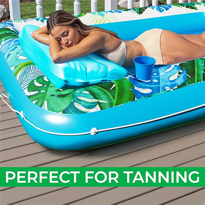 JAMBO Inflatable Tanning Pool Lounger Float, 70 x 47 Sun Tanning Pool Float with Pillow, Water Lounge Raft, Pool Floatie for Adults, Tanning Raft Pool Tub, Water Tanning Bed Kiddie Pool Tanning Floats