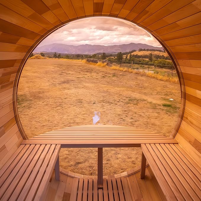 Panoramic Barrel Sauna 6 Person, Canadian Red Cedar Outdoor Sauna, 220V 6KW Toule Heater, Triple Waterproof System, (0-195 °F)