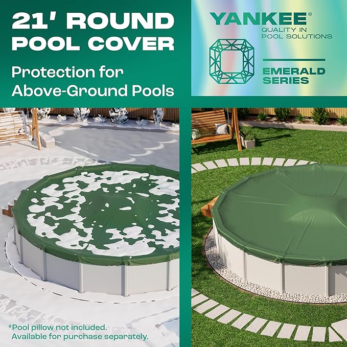 Yankee Emerald Series Pool Covers for Above Ground Pools | Round 21 ft Swimming Pool Cover w/Steel-Core Cable, Winch for Winterization | 9 mil Medium-Thickness for Off-Season, On-Season Protection