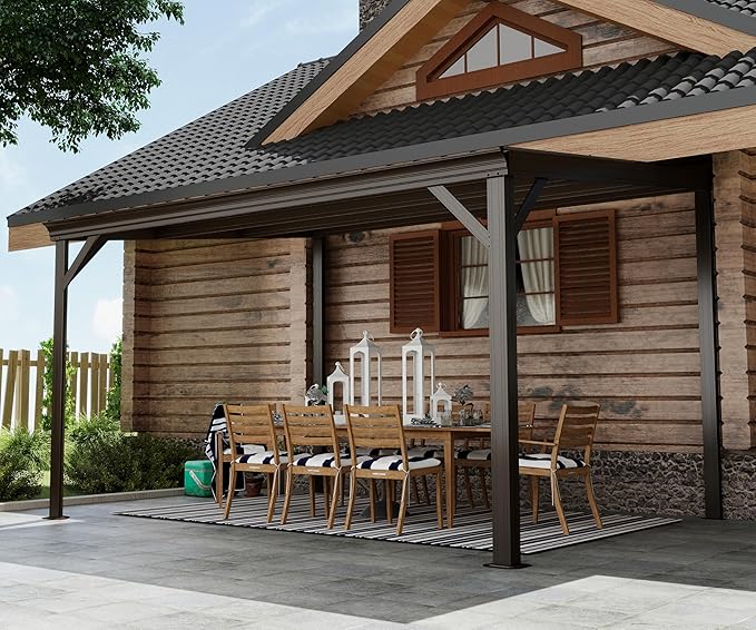 Domi 10’x12’ Lean-to Gazebo, Hardtop Wall-Mounted Gazebo Pergola with Sloping Galvanized Steel Roof and Upgraded Drainage System, Outdoor Permanent Metal Shelters for Patio Backyard Deck, Brown
