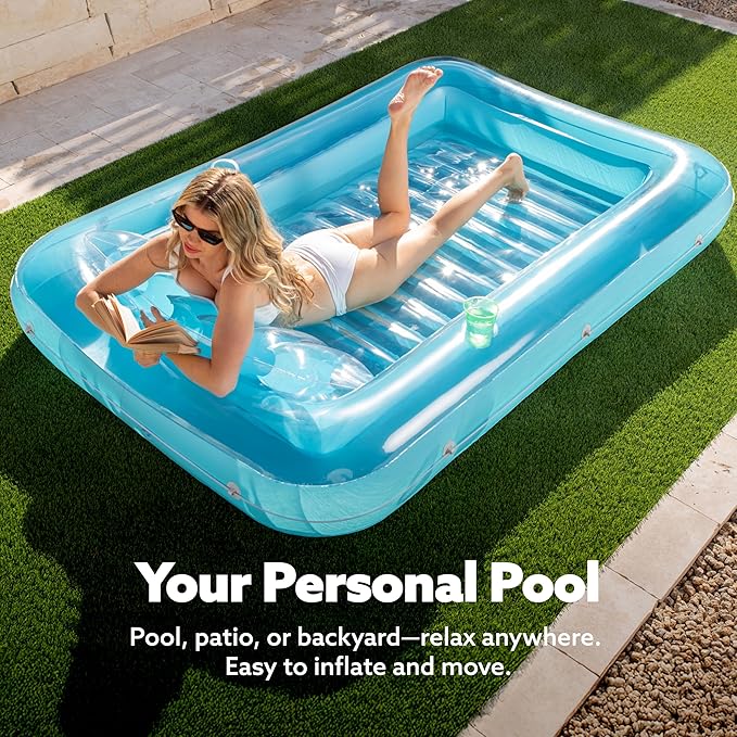 SLOOSH Inflatable Tanning Pool Lounger Float, 85" x 57" Extra Large Pool Floats Adult with Pillow, 4 in 1 Suntan Tub Raft Floatie,Sunbathing Bed Lounge for Water Blow Up Ball Pit Party Gifts, XL-Blue