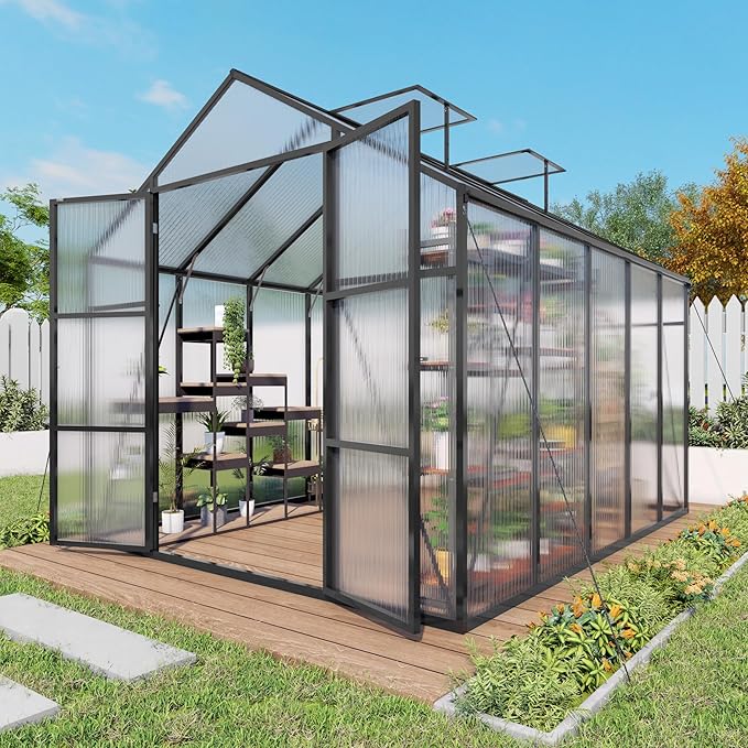Greenhouse for Outdoors 8x10x7.8FT, Polycarbonate Greenhouse with Stronger Wind Protection and Roof Vent, Walk-in Large Aluminum Sunroom Winter Proof, Black