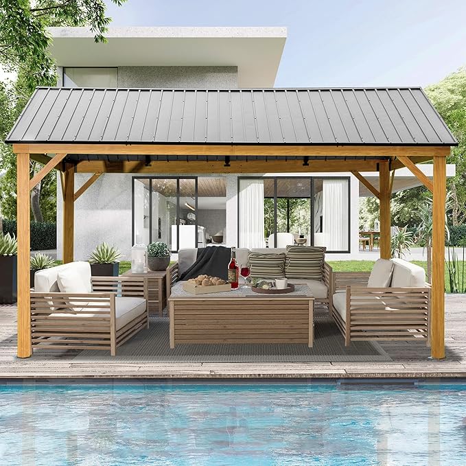 Domi 12' x 14' Hardtop Gazebo with Galvanized Steel Gable Roof, Pergola with Wood-Looking Aluminum Frame, Permanent Pavilion Outdoor Gazebo with Ceiling Hook for Deck Patio Lawn Yard Backyard Grill