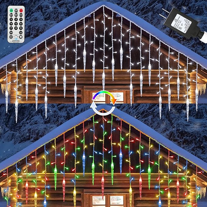 Icicle Christmas Lights Outdoor, 29.5Ft 360 LED Icicle Lights Outdoor with 60 Drops, 11 Modes Color Changing Fairy Twinkle Light with Remote for Eaves Home Garden Xmas Decor (Warm White & Multicolor)