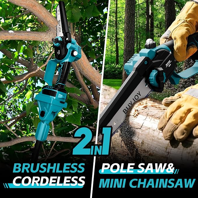2-in-1 Cordless 6 in Pole Saw for Tree Trimming,15.5 ft Extended Reach Electric Saw with 180° Adjustable Head, Brushless Motor, 2 x 1300 Ah High-Capacity Batteries & Extra Chain