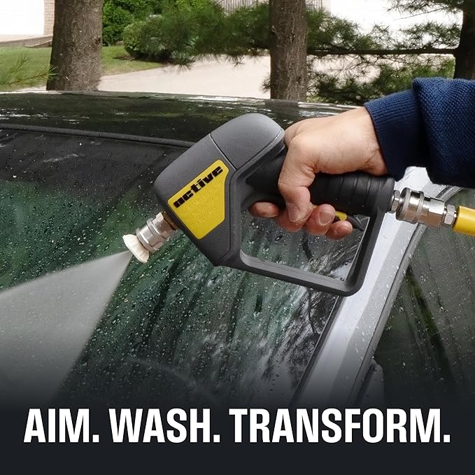 Active Swivel Pressure Washer Gun with an inbuilt 3/8” inlet male swivel plug for pressure washer hose and 1/4” female quick connect for nozzles, wands & foam cannon for home car wash and detailing.