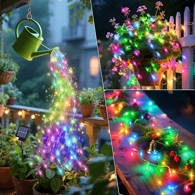 ANGMLN Solar Fairy String Lights Outside, 10 Strand 200 LEDs 8 Modes Watering Can Light for Outdoor（No Can）, Firefly Bunch Lights Waterproof Solar Powered Waterfall Lights for Garden Decor