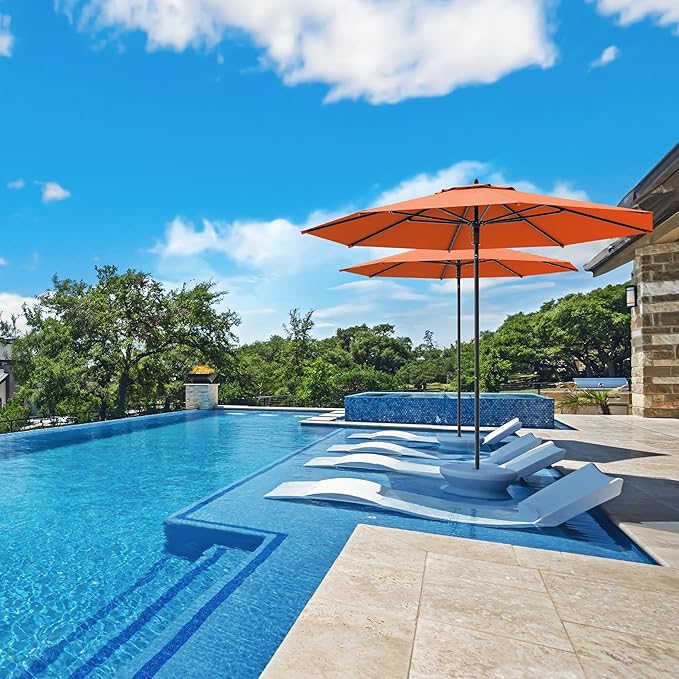 Midtown Umbrellas The Wooden 9 Feet Patio Umbrella With Terylast Tangerine (Bright Orange) Polyester Fabric - Aluminum Frame Market Umbrella For Backyard, Deck, Garden, Pool - Wooden Pole