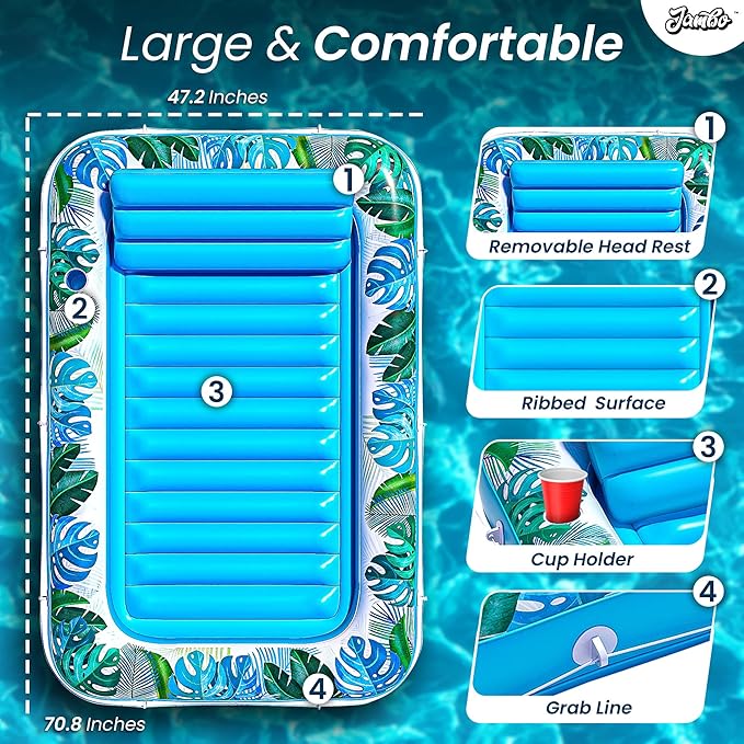 JAMBO Inflatable Tanning Pool Lounger Float, 70 x 47 Sun Tanning Pool Float with Pillow, Water Lounge Raft, Pool Floatie for Adults, Tanning Raft Pool Tub, Water Tanning Bed Kiddie Pool Tanning Floats