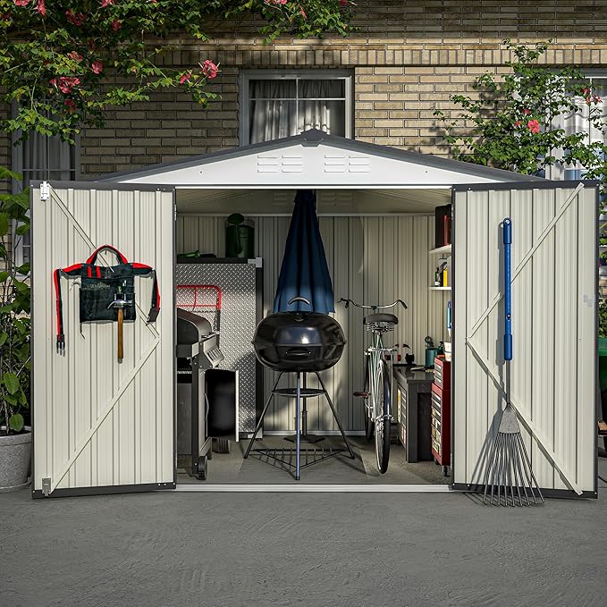 Spacious 8 x 6 ft Outdoor Storage Shed, All Weather Metal Sheds with 2 Lockable Doors, Tool Shed for Garden, Backyard, Lawn,White
