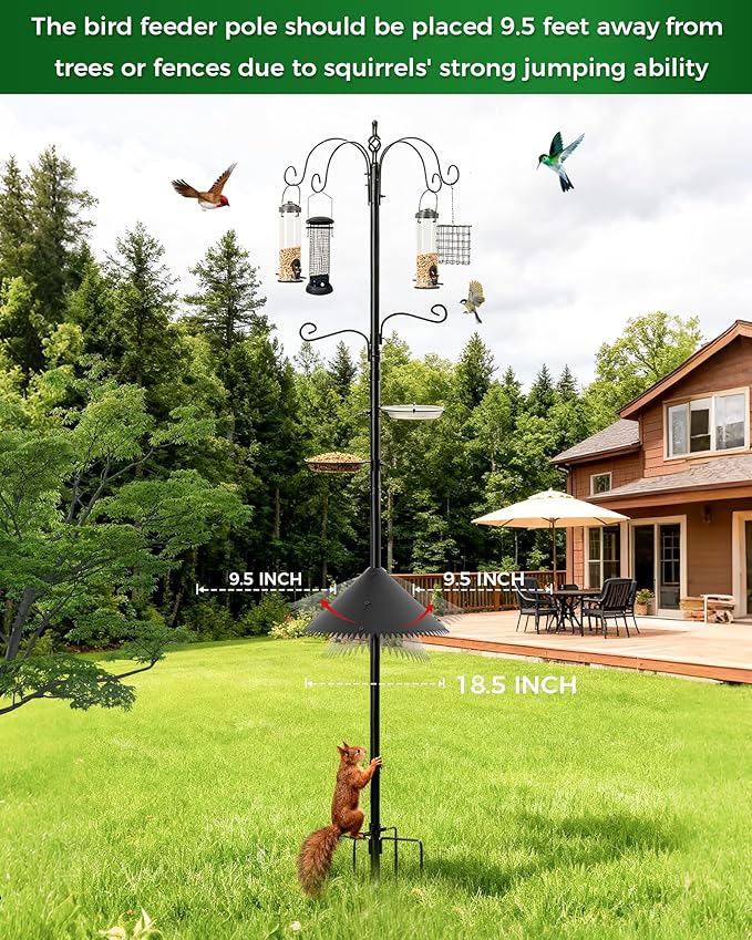Bird Feeding Station, 94 Inch Wild Bird Feeders Pole with Wide Squirrel Baffle, 6-Hook, 4 Feeders, Water and Mesh Tray Humming Bird Feeders Stand for Outdoors Courtyards Gardens