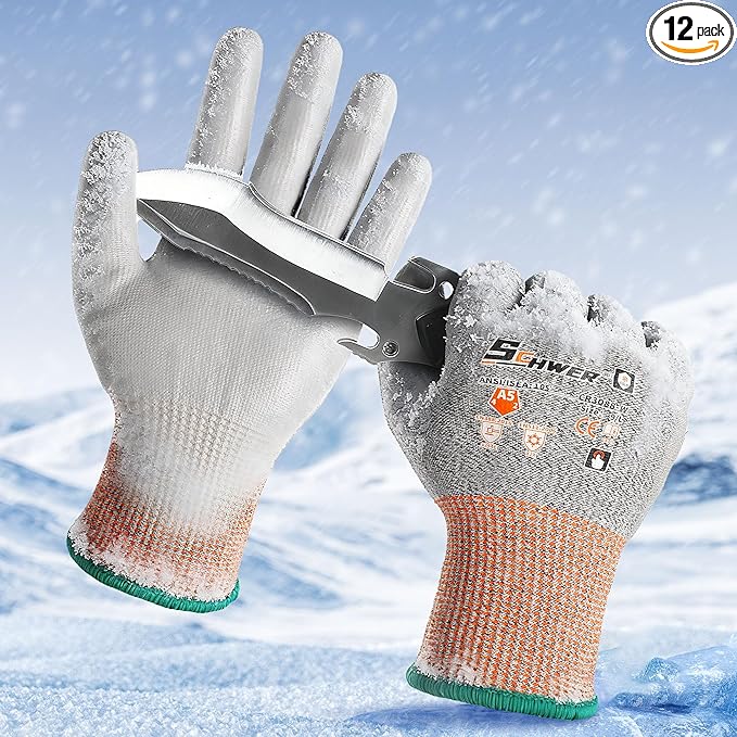 Schwer 12 Pairs Winter Work Gloves, ANSI A5 Cut Resistant Gloves with PU Coating, Freezer Glove for Outdoor Cold Weather, Thermal Insulated, Non Slip, Durable, M, CR3088-W