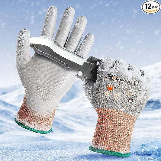 Schwer 12 Pairs Winter Work Gloves, ANSI A5 Cut Resistant Gloves with PU Coating, Freezer Glove for Outdoor Cold Weather, Thermal Insulated, Non Slip, Durable, XXL, CR3088-W