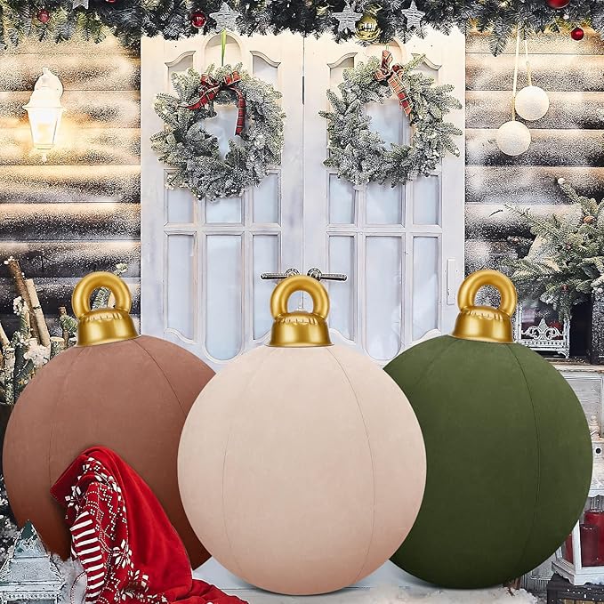 Jetec 3 Pcs 32 Inch Giant Velvet Christmas Inflatable Balls Ornament Flocked Xmas PVC Inflatable Flocked Ball Ornaments for Christmas Holiday Outdoor Blow up Yard Decor(Brown, Khaki, Green)