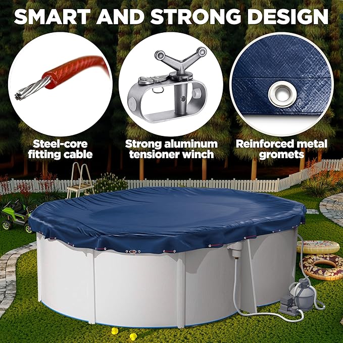 15 x 30 ft Oval Pool Covers for Above Ground Pools, Oval Winter Cover, Keeps Out Debris, Cold and UV Resistant, Supreme Mesh, Navy Blue
