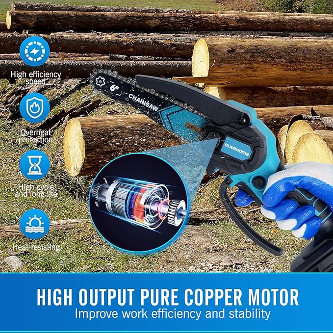 EliteHome Mini Chainsaw Cordless 2 Batteries 6 Inch Electric Portable Handheld Small Chain Saw Battery Powered for Tree Trimming wood cutting