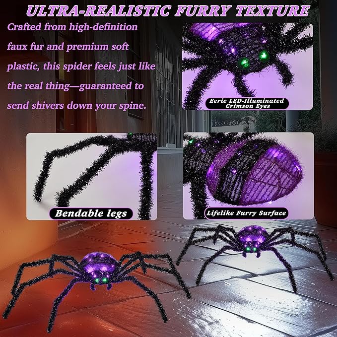 2 Pack 2.5Ft Giant Spider Halloween Decorations Outdoor 30" Light Up Spider with 30 LED Lights for Front Yard, Porch, Garden, Lawn, Halloween Party (Purple)