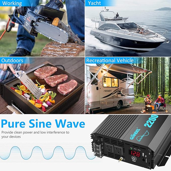 GIANDEL Pure Sine Wave Power Inverter 2200Watt ETL UL458 Listed DC 12V to 120 Vac with 20 Amps Hardwire Blocks & 15FT Wired Remote for RVs Truck Boat Off Grid Solar Emergency【3 YRS Warranty】