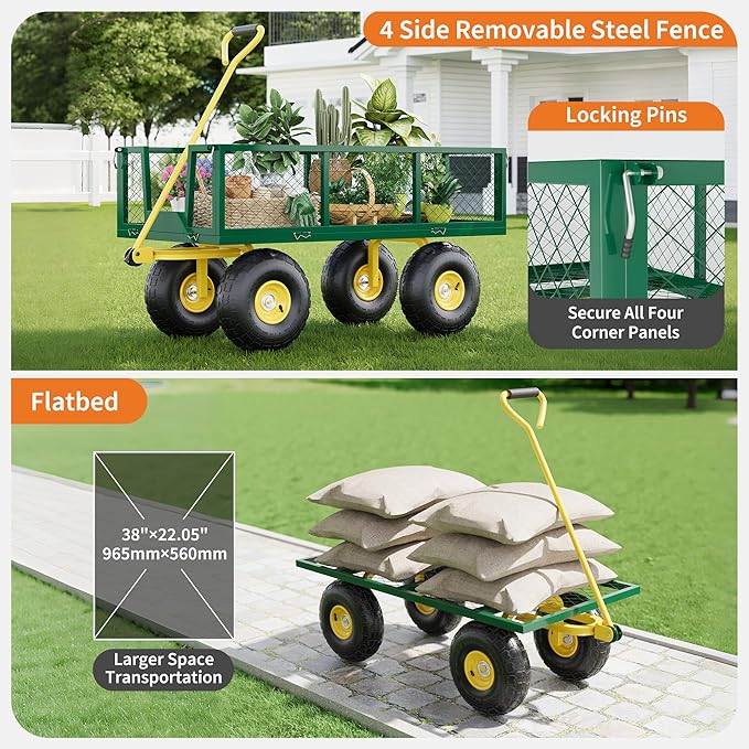 900 Lbs Garden Wagon, 2-in-1 Heavy-Duty Steel Garden Cart, with 10 Inch All-Terrain Tires and Removable Mesh Side Panels, 180° Rotating Handle, Metal Multi-Function Carts, Outdoor Gardens Wagon Cart