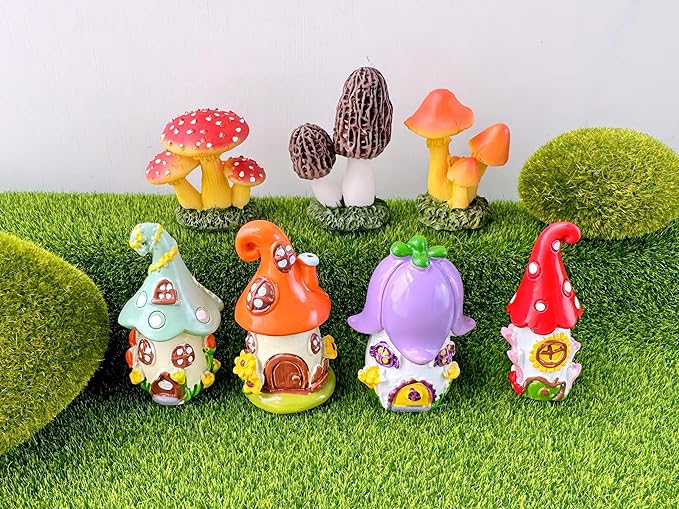 Mini Mushroom House Set - 4pcs Miniature Houses and 3pcs Mini Mushrooms for Fairy Gardens, Micro Landscapes, Moss Decorations (Mushroom House)