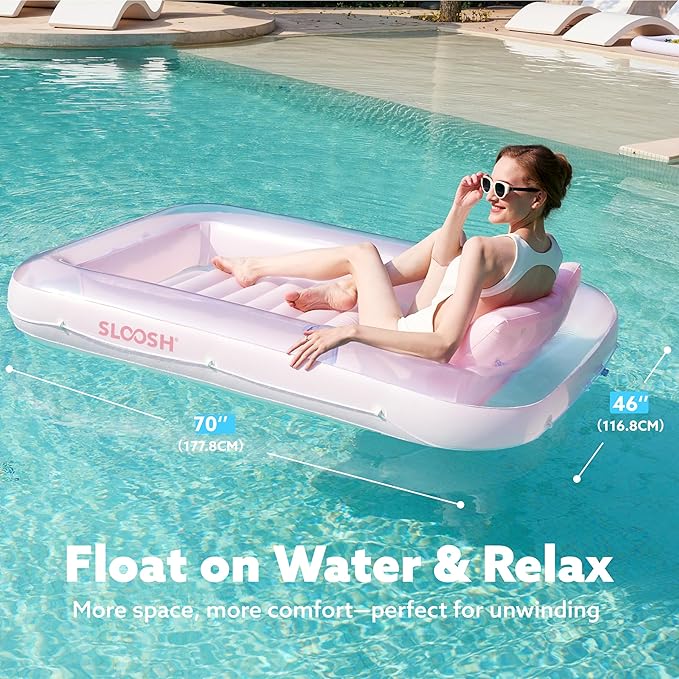 SLOOSH Inflatable Tanning Pool Lounger Float, 70" x 46" Pool Floats Adult with Pillow, 4 in 1 Suntan Tub Raft Floatie,Sunbathing Bed Lounge for Water Blow Up Kids Ball Pit Party Gifts, L-Cyan Pink