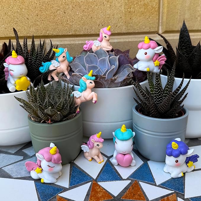 Mood Lab Miniature Unicorn Figurines Set - Funny Mini Statue Kit of 9 pcs - Unicorn Fairy Garden Accessories