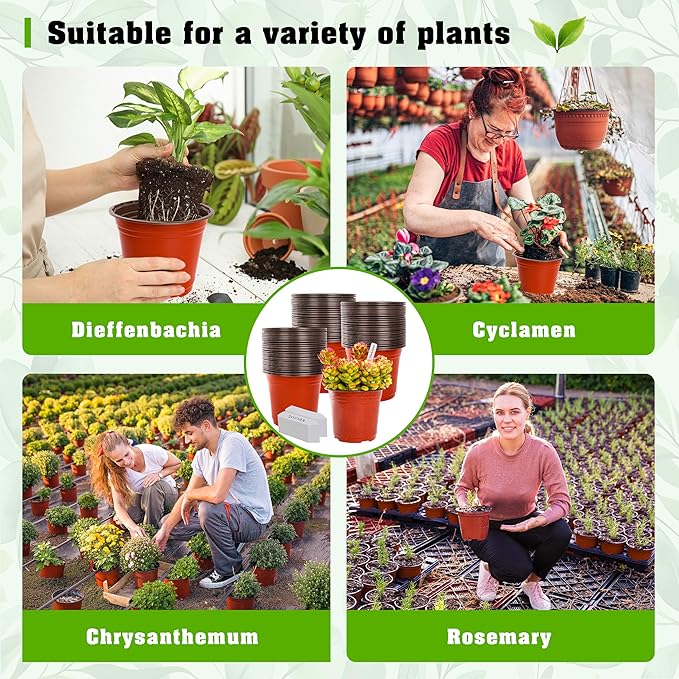 TDHDIKE 6 Inch Plastic Plant Nursery Pots (100pcs Pots and 100pcs Plant Labels) Seedling Flower Plant Container (Red) Seed Starting Pots Indoor/Outdoor