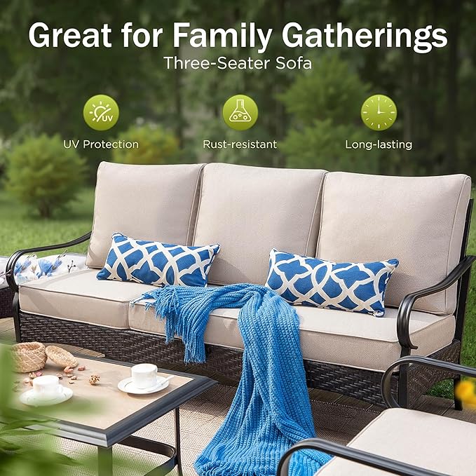 PHI VILLA Outdoor Modern Patio Furniture Set, Upgraded Wicker&Metal Patio Furniture Conversation Set with Waterproof Thick Cushions for Porch, Poolside, Deck, and Yard (5 Pieces,Beige)