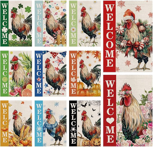 Seasonal Garden Flags Chicken Double Sided Flags Set of 11 Holiday Farmhouse Indoor Outdoor Yard Lawn Christmas Gifts Decorations 12.5x18 Inch