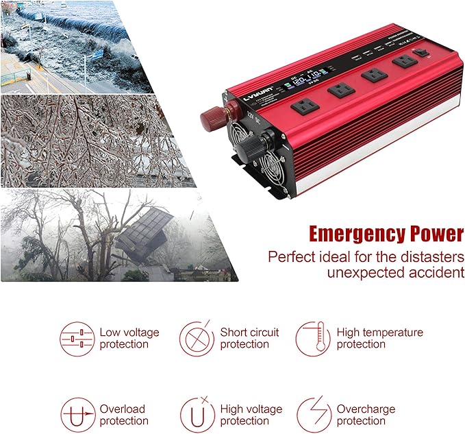 LVYUAN Power Inverter with 4 AC Outlets, LCD Display, Wireless Remote Control, Car Power Inverter for Car, RV, Truck, Off Grid Solar System, Camping (Red, 12V-2000W)
