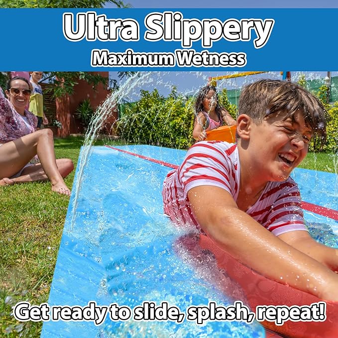 JAMBO 50Ft MEGA XXL Water Slide and 2 Bodyboards, Heavy Duty Slip and Splash with Inflatable Crash Pad, Long Summer Water Toy Sprinkler, Backyard Outdoor Fun n Toys for Kids