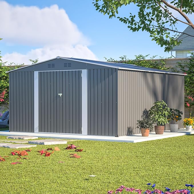 Mulinsonfly12x14 FT Outdoor Metal Storage Shed with Floor Frame, Extra-Large Steel Garden Tool Shed with Lockable Double Doors, Heavy-Duty Backyard Storage for Lawn Equipment, Bikes & Patio Furniture