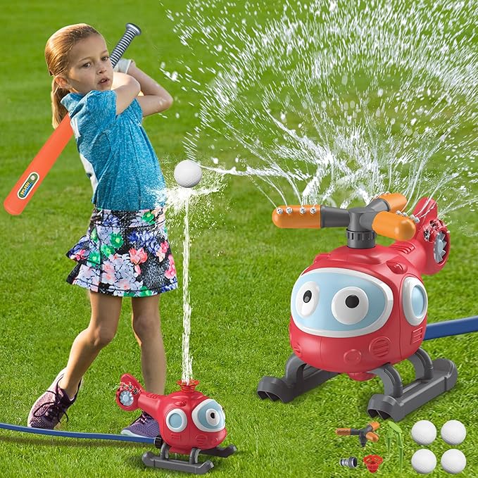 Outdoor Water Sprinklers with 4 T Ball Set for Toddlers Kids Ages 4-8,Summer Outside Sprinklers Play Equipment Baseball Game Lawn Yard Tee Ball Game for Boys Girls,Hose Connector Included