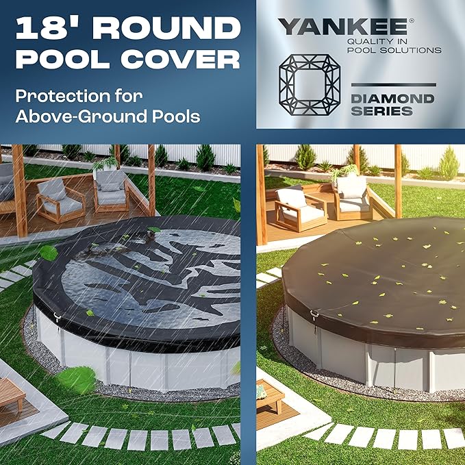 Yankee Diamond Series Pool Covers for Above Ground Pools | All-Weather, Windproof, Light 18ft Round Pool Cover w/ 6 Screw-In Pegs, 6 Ropes | 3 Mounting Methods, Strong Fastenings for Triple Protection
