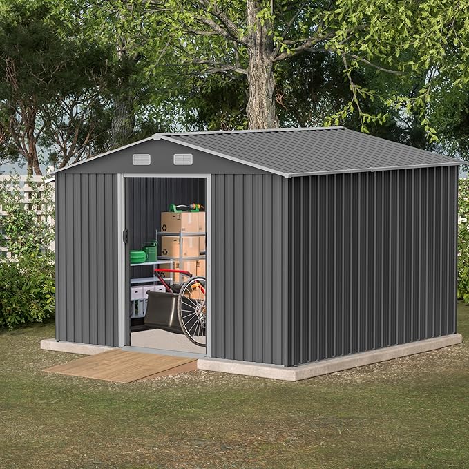 10X8 FT Outdoor Storage Shed, Metal Foundation & Lockable Doors, Tool Shed for Garden, Patio, Backyard, Lawn, Grey