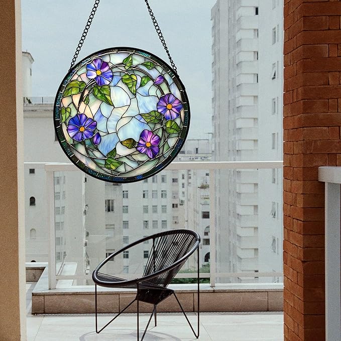 Stained Glass Window Hanging, Purple Morning Glory Flowers Suncatcher for Doors Window Home Plant Sun Catchers Decoration Mother's Day Birthday Gifts for Women, Men, and Mom 11.8x11.8 in
