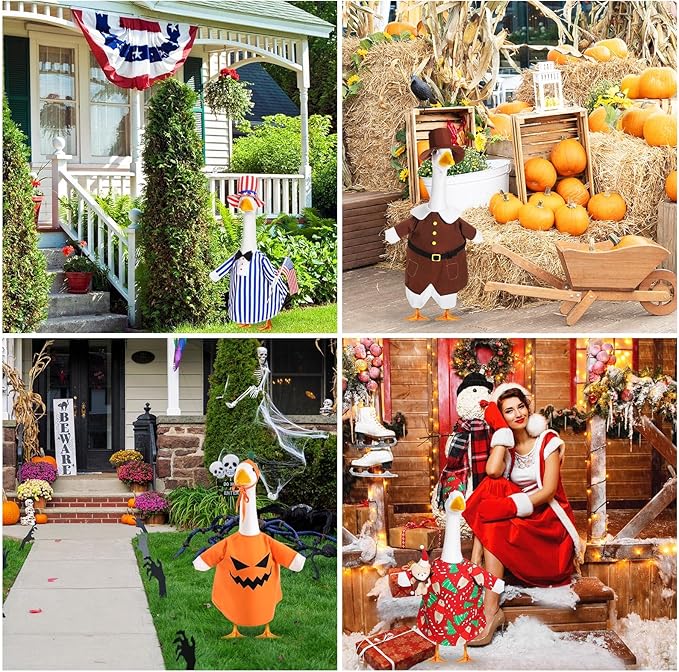 8 Set Seasonal Holiday Goose Outfits Fall Halloween Christmas Summer All Seasons Lawn Porch Goose Clothes Costume for 23" Cement Statue Garden Patio Outdoor Decoration(Boy Style)